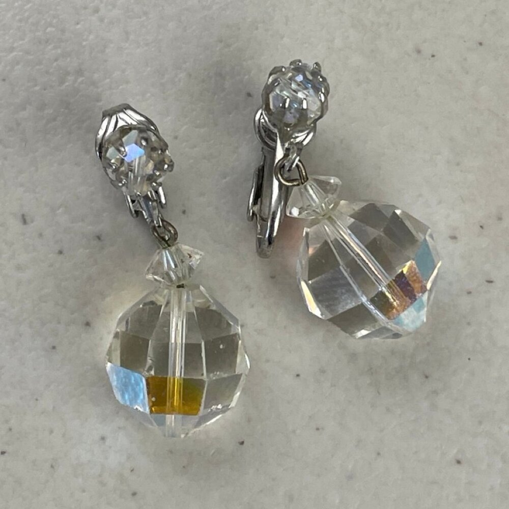 Vintage Crystal Dangle Earrings Large Crystal Faceted Ball Fancy Clip  1990s